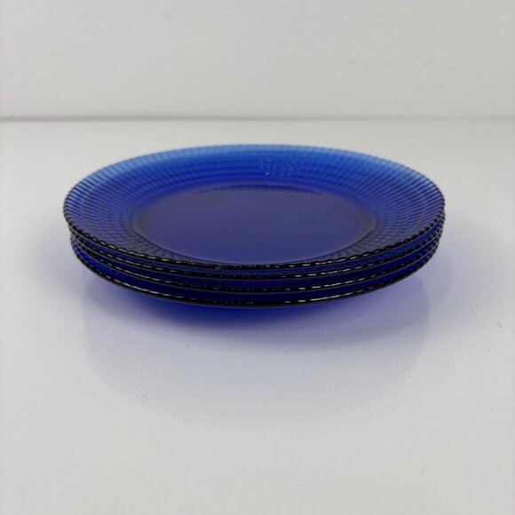 Set Of 4 Forte Crisa Vintage Cobalt Blue Glass Salad/Dessert Plates Waffle - Picture 3 of 7